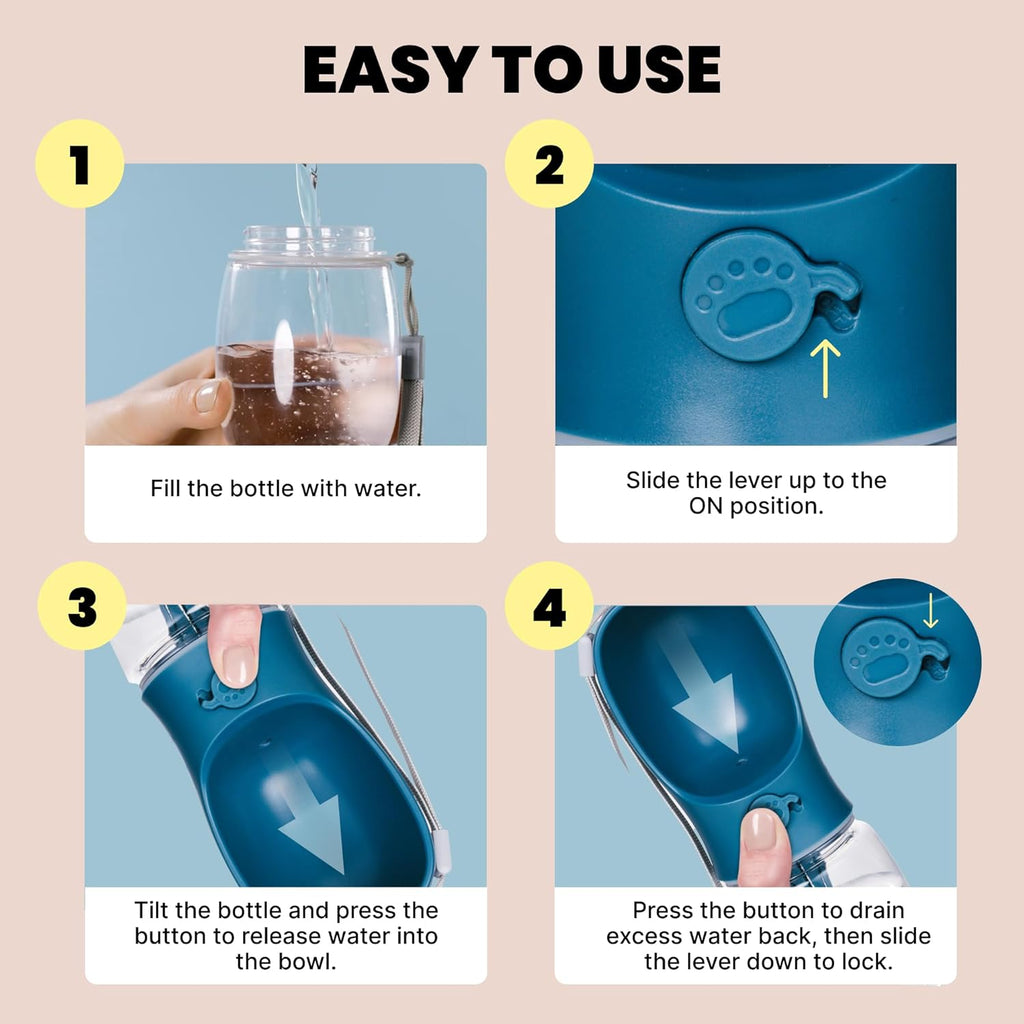 Dog Water Bottle Dispenser - 12 Oz Blue - Leak-Proof Lock & One-Hand Operation - Dog Water Bowl Dispenser - Pet Travel Bottle with Built-In Bowl