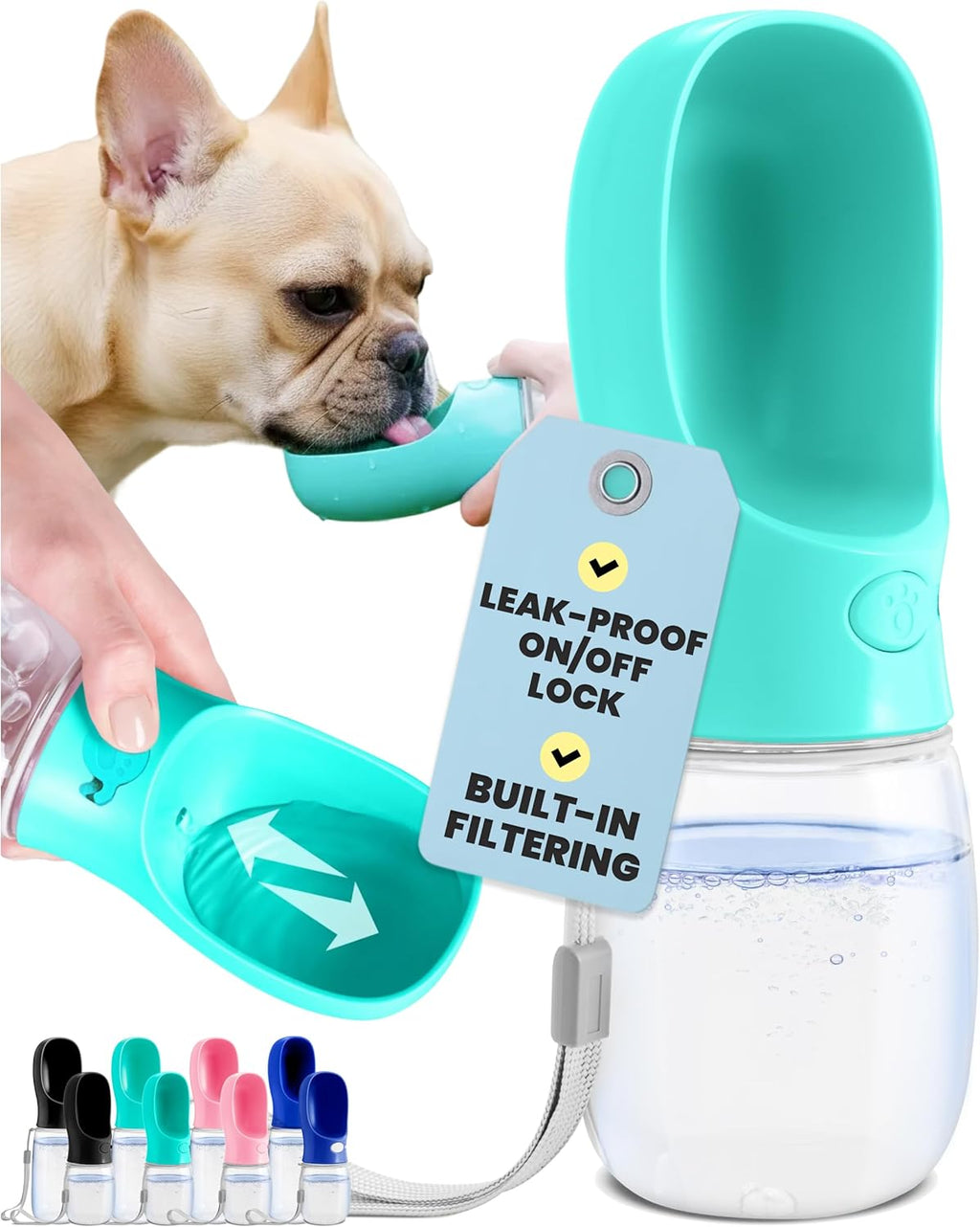 Dog Water Bottle Dispenser - 12 Oz Blue - Leak-Proof Lock & One-Hand Operation - Dog Water Bowl Dispenser - Pet Travel Bottle with Built-In Bowl